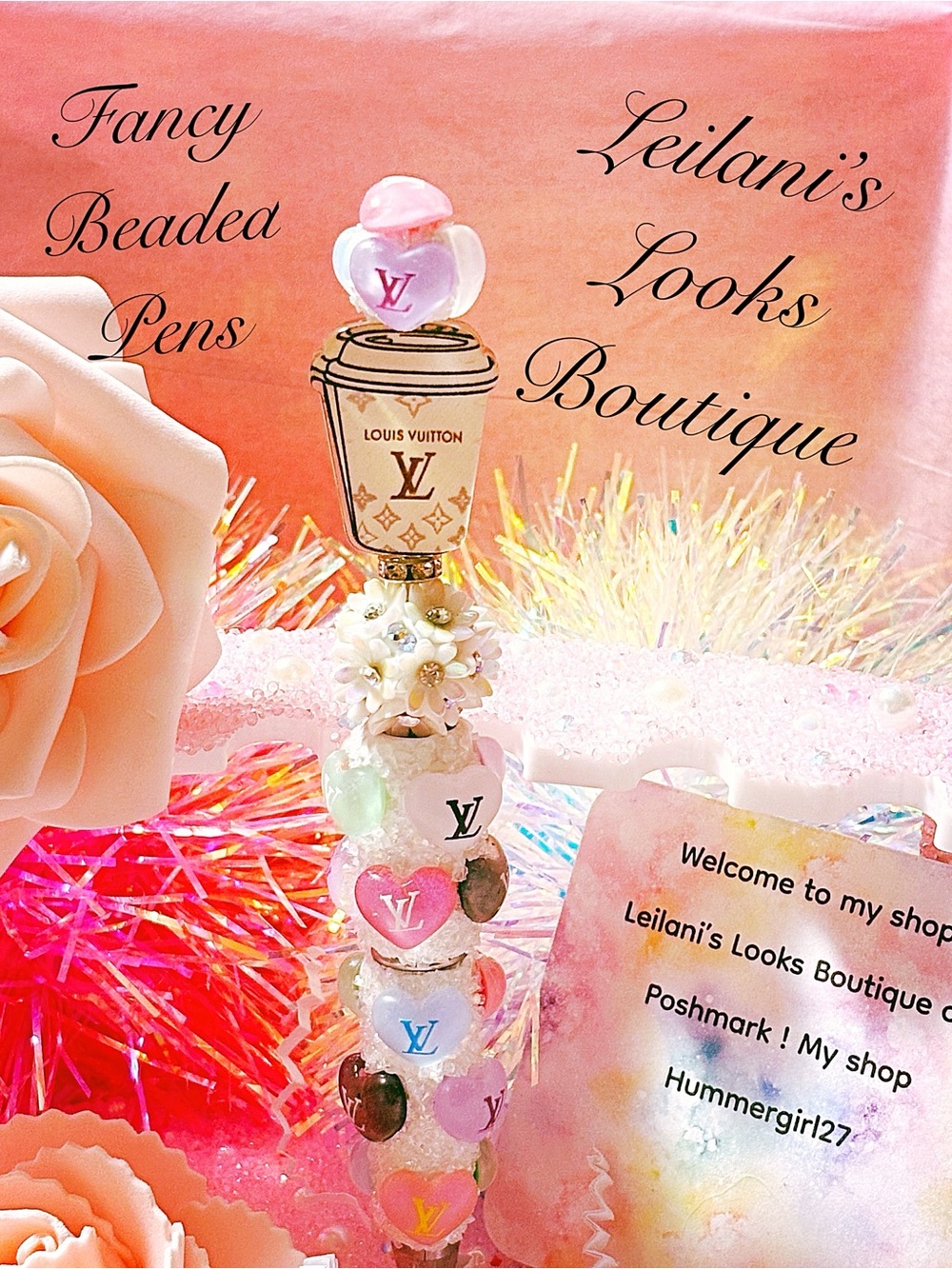 Fancy beaded Pen/gifts/cream tea cup/white flowers/girly